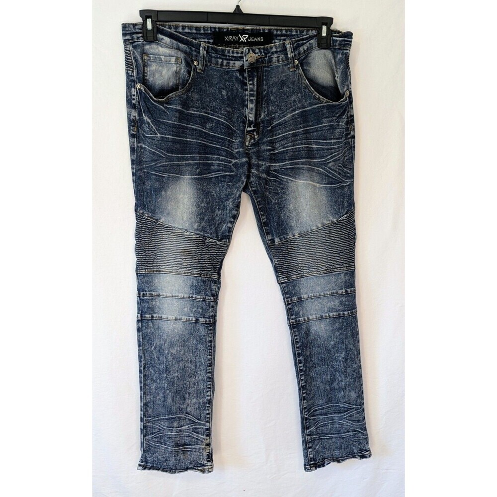 XRAY Jeans Men’s 36x32 Slim Moto Biker Acid Wash Blue Denim Distressed